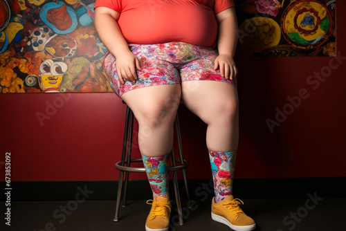 Woman sitting on stool wearing colorful socks and socks.