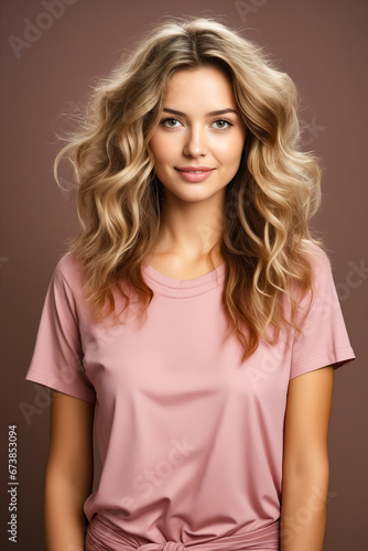 Woman with long blonde hair and pink shirt.