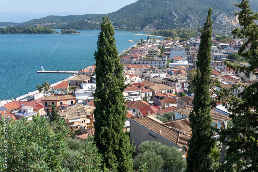 A view of the seaside town from Vonitsa Venetian Castle, Vonitsa. Greece.