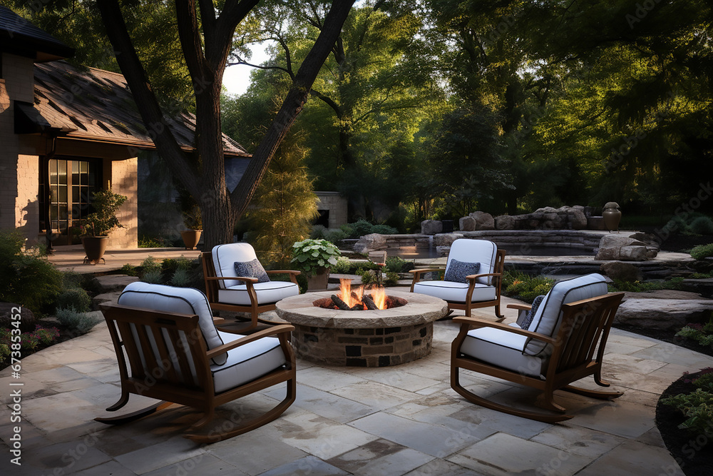 Beautiful outdoor seating area, with several luxurious chairs arranged around a fire pit Beautiful outdoor seating area, with several luxurious chairs arranged around a fire pit