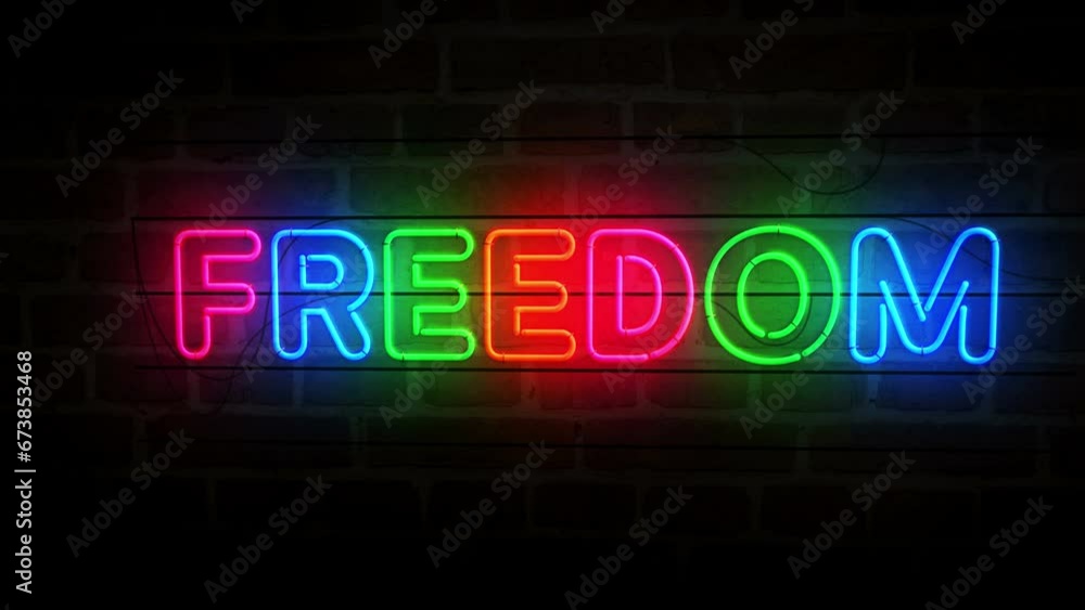 Freedom neon on brick wall. Liberty and success light color bulbs. Abstract concept 3d animation. Freedom neon on brick wall. Liberty and success light color bulbs. Abstract concept 3d animation.