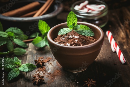 Savoring a hot peppermint mocha on a rustic setting with mint leaves and chocolate shavings