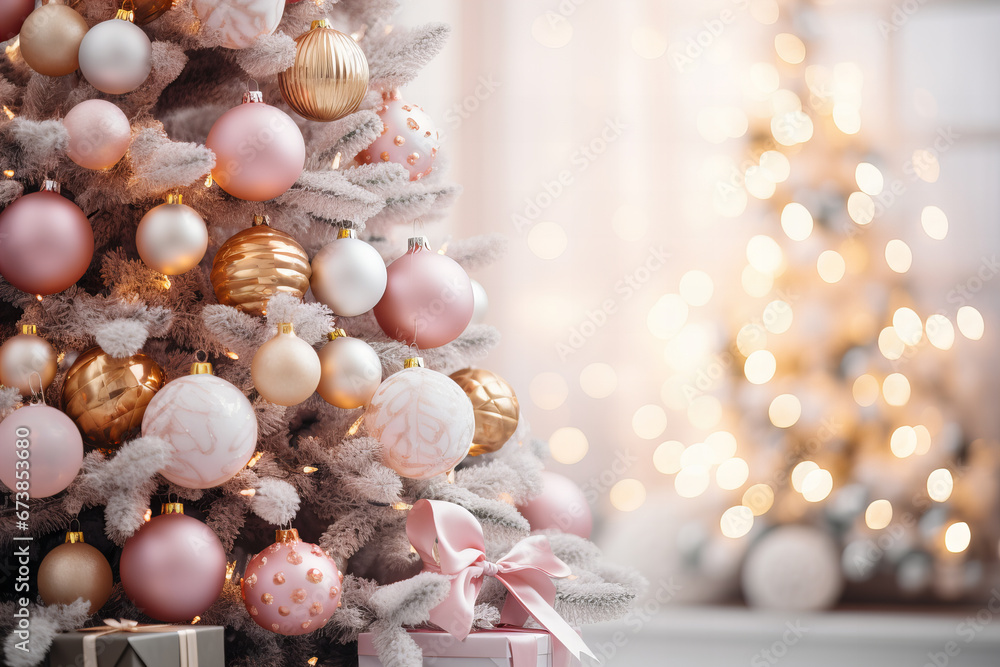 close up of the Christmas tree decorated with pink ornaments, gold and white bokeh in the background close up of the Christmas tree decorated with pink ornaments, gold and white bokeh in the background