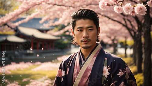 Bellissimo giovane uomo di origini asiatiche vestito con un kimono in Giappone sotto un albero di ciliegio in fiore nei pressi di un tempio photo