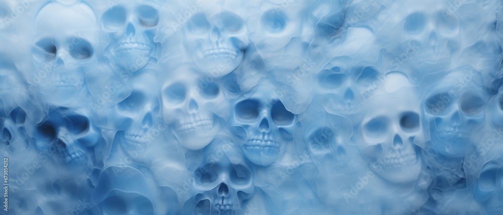 Frosted skeletal skulls embedded into translucent blue ice wall texture Frosted skeletal skulls embedded into translucent blue ice wall texture