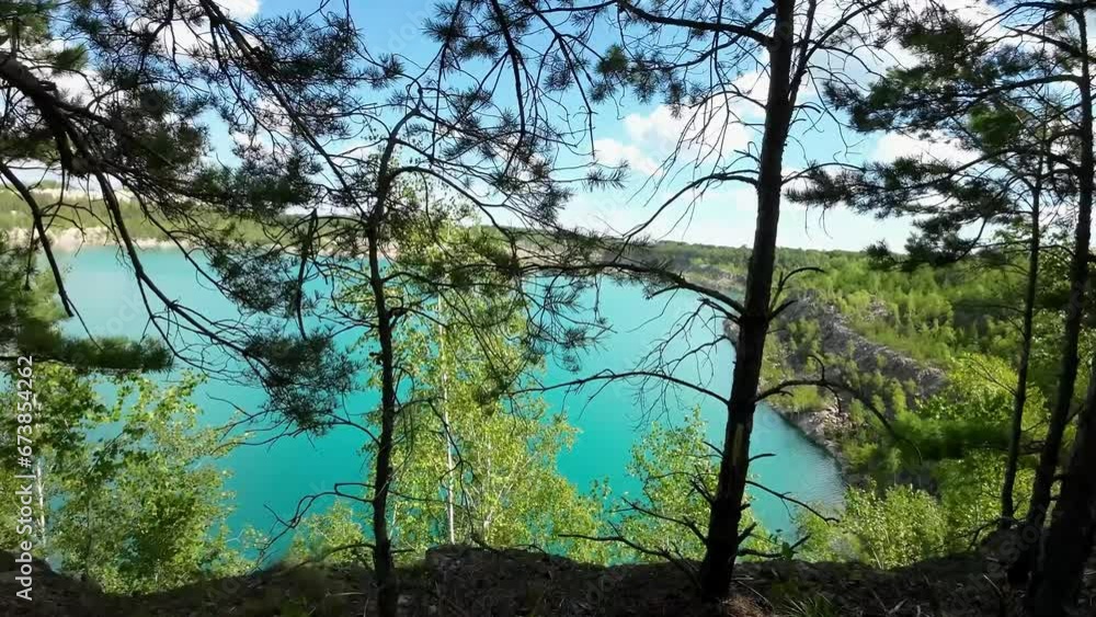 Forest on a turquoise lake shore on a sunny summer day. Forest on a turquoise lake shore on a sunny summer day.