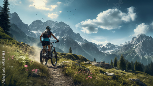 Adventurous Mountain Biking Woman Riding Her Bike on an Offroad Trail photo