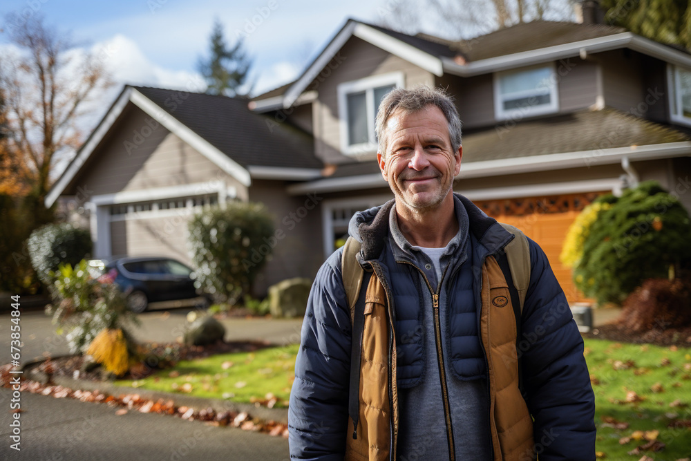 Content man with backpack in front of suburban home Content man with backpack in front of suburban home