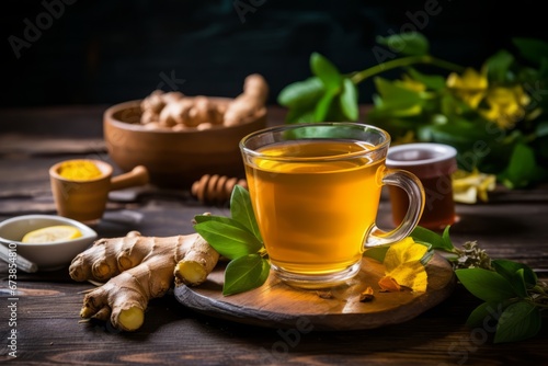 Aromatic and healing turmeric and ginger tea presented in a cozy environment