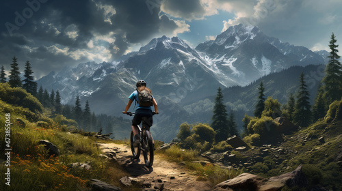 Adventurous Mountain Biking Woman Riding Her Bike on an Offroad Trail