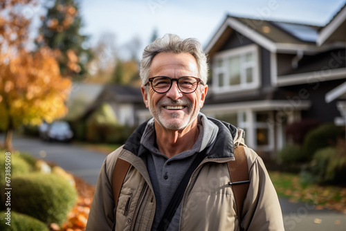 Happy senior man with glasses smiling in a suburban neighborhood