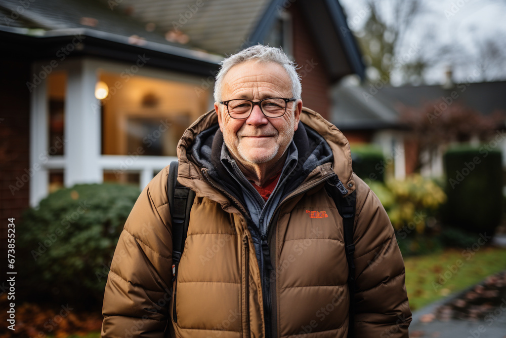 Man standing before house in coat Man standing before house in coat