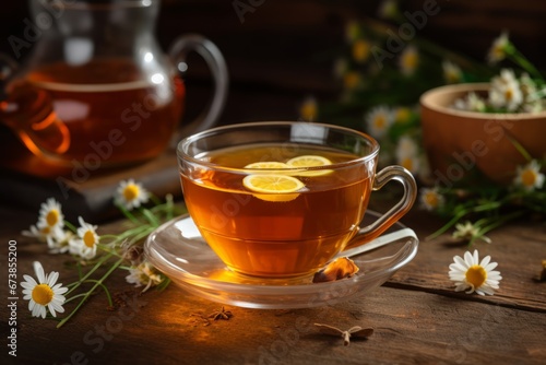 Experience tranquility with this cup of chamomile and orange tea set against a rustic backdrop