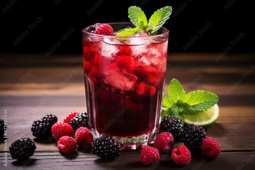 A tantalizing close-up of a chilled raspberry and blackberry drink garnished with fresh fruit and mint leaves