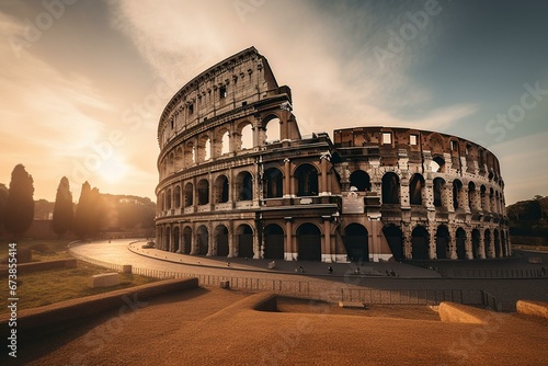 Fotografering Image of a sunrise at the Colosseum in Rome. Generative AI