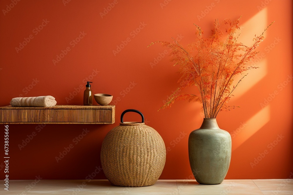 Vibrant bathroom with orange wall, wooden floor, rattan lamp, terracotta jar, and dry reed flower. Generative AI - obrazy, fototapety, plakaty 
