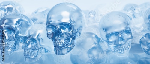 Frosted skeletal skulls embedded into translucent blue ice wall texture © SoulMyst