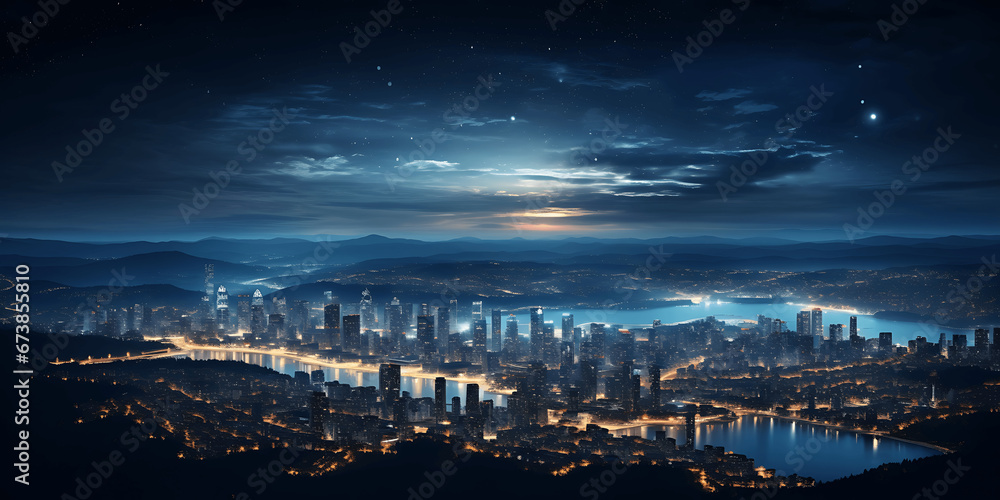 Vista panorámica de una ciudad de noche

