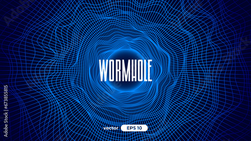 Hyperspace grid tunnel. Wormhole background. Vector illustration eps10. Space portal for time traveling. Speed effect. Black hole vortex. Neon colors. Blue and black. Warp jump.