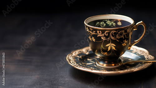 Intricate floral pattern on a antique teacup isolated on a dark banner style background. Dark wood surface.