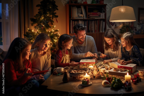 Happy family shared at christmas nigh. Happy New Year, Merry Christmas greetings on xmas eve sitting at table late at home.