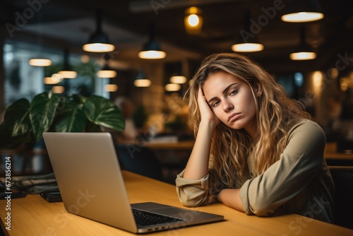 Young business woman looking tense and upset while working on a laptop in the office, possibly facing problems or stress.