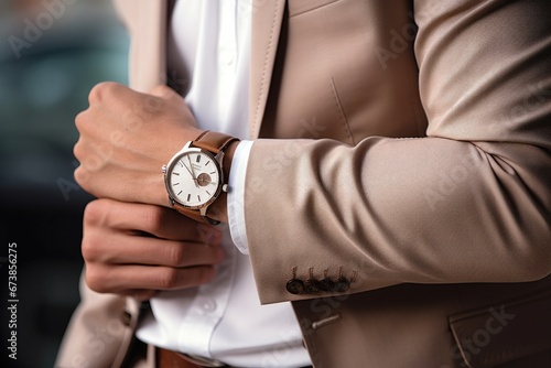 Stylish young businessman in a classic suit looks at his wristwatch, demonstrating modern elegance and punctuality. photo