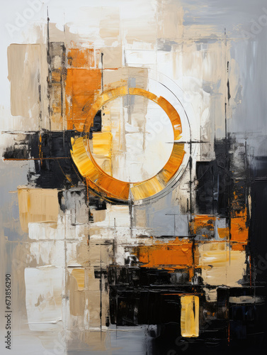 Abstract oil painting: abstract geometric shapes in black and gray gold colors in boho style, artistic texture.