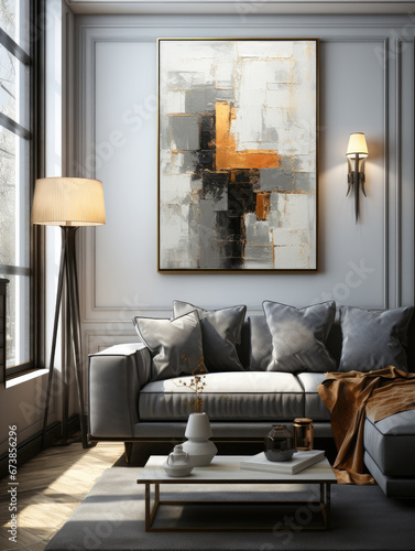 Abstract Oil Painting: geometric shapes in colors of black, gray and gold in boho style in the living room interior