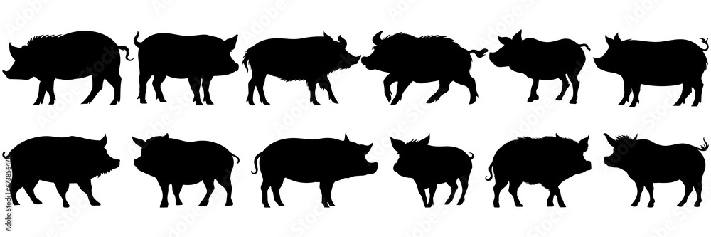 Pig farm animal silhouettes set, large pack of vector silhouette design, isolated white background. Pig farm animal silhouettes set, large pack of vector silhouette design, isolated white background.