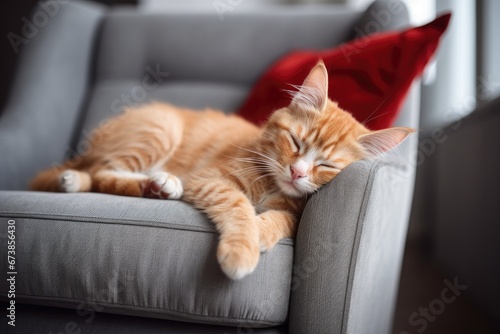 A cute and fluffy domestic cat with red tabby markings rests comfortably on the sofa at home. © Iryna