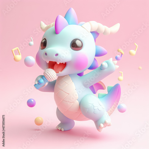 Funny cute cartoon dragon singing with microphone on pink pastel background.