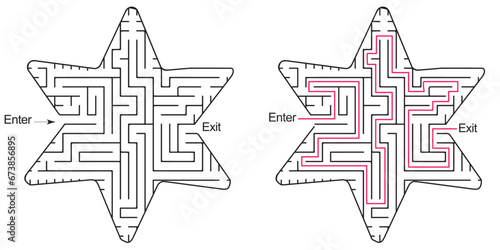 Mazes for kids in star shape with solution