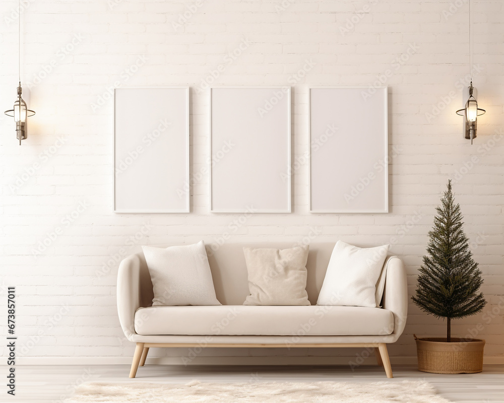 3 Christmas frame mockup, Three vertical frames, Luxury living room Interior, Poster mock up,3d render 3 Christmas frame mockup, Three vertical frames, Luxury living room Interior, Poster mock up,3d render