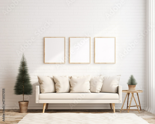 3 Christmas frame mockup, Three vertical frames, Luxury living room Interior, Poster mock up,3d render