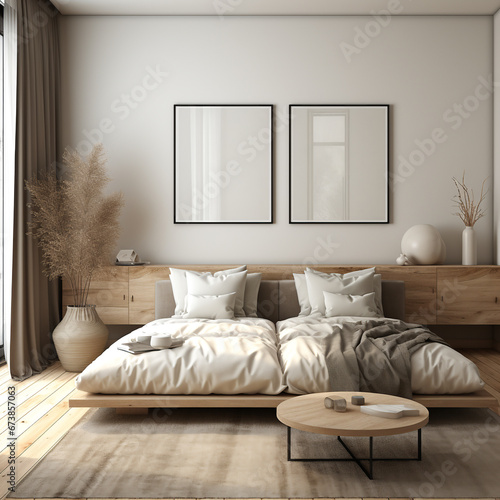 Fototapeta Naklejka Na Ścianę i Meble -  Bedroom interior with poster mockup, modern style, 3d render,for wall art