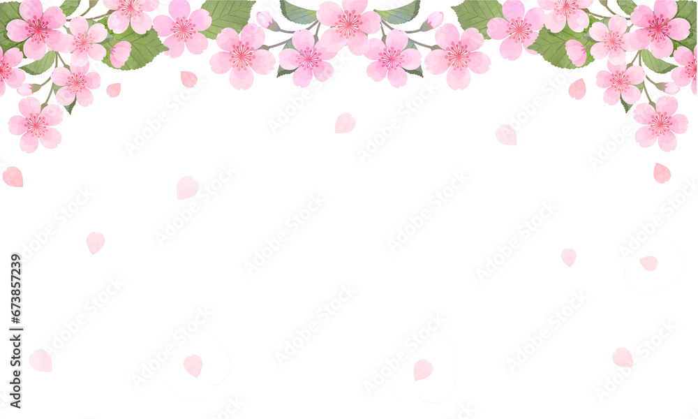 桜の水彩風な桜吹雪フレームイラスト(文字なし)