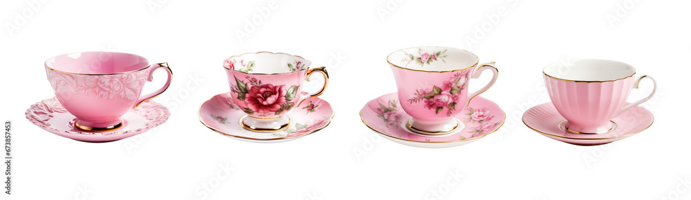 Pink, gold and white teacup and saucer plate collection - red rose floral pattern design - premium pen tool PNG transparent background cutout.  - obrazy, fototapety, plakaty 