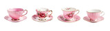 Pink, gold and white teacup and saucer plate collection - red rose floral pattern design - premium pen tool PNG transparent background cutout. 