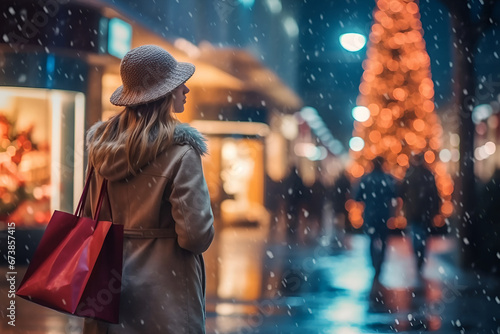A woman with a shopping bag walks through a snowy festive city with a Christmas tree