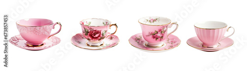 Pink, gold and white teacup and saucer plate collection - red rose floral pattern design - premium pen tool PNG transparent background cutout.  photo