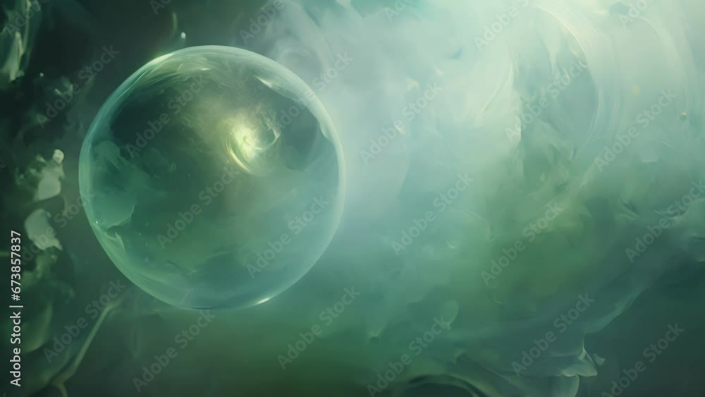 A translucent bubble filled with swirling teal smoke, glowing and expanding before bursting into a thousand shimmering fragments, each one refracting the light in a different way. A translucent bubble filled with swirling teal smoke, glowing and expanding before bursting into a thousand shimmering fragments, each one refracting the light in a different way.