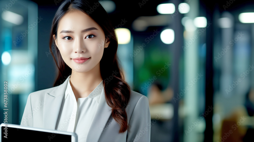 Fototapeta premium YOUNG HAPPY ASIAN WOMAN WITH TABLET. legal AI