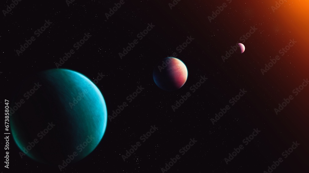 Three exoplanets in a row. Parade of alien planets. Extrasolar planetary system.