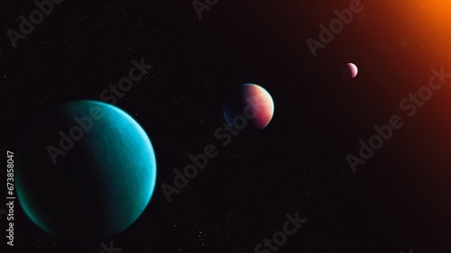 Fototapeta Naklejka Na Ścianę i Meble -  Three exoplanets in a row. Parade of alien planets. Extrasolar planetary system.