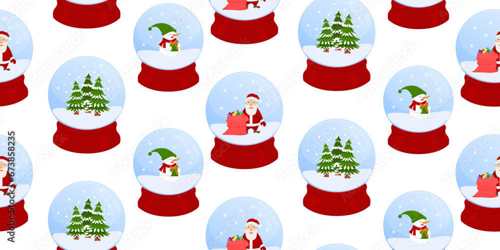 Seamless pattern with Christmas glass snow balls. Winter pattern. Snowman and Santa Claus. Vector
