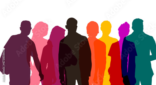 Multi-colored transparent silhouettes of men and women, multiply mode, a group of standing business people. Diverse people group silhouette. Flat vector illustration isolated on background.