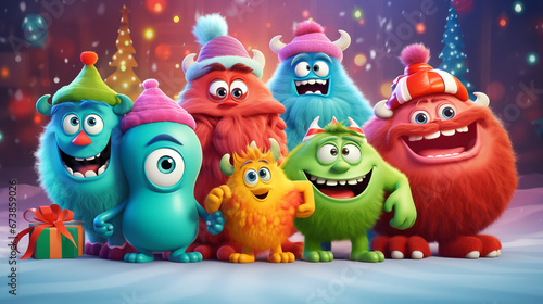 COLORFUL CHRISTMAS CARD WITH HAPPY, FUNNY, CARTOON MONSTERS, legal AI