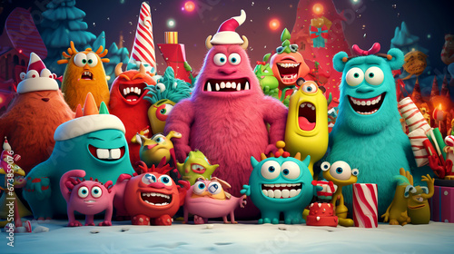 COLORFUL CHRISTMAS CARD WITH HAPPY, FUNNY, CARTOON MONSTERS, legal AI © PETR BABKIN