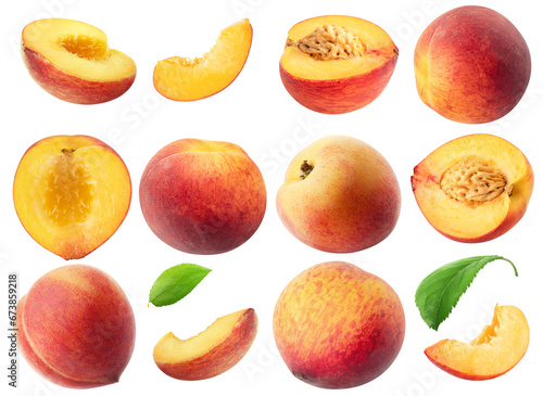 Collection of different peach fruits isolated on white background